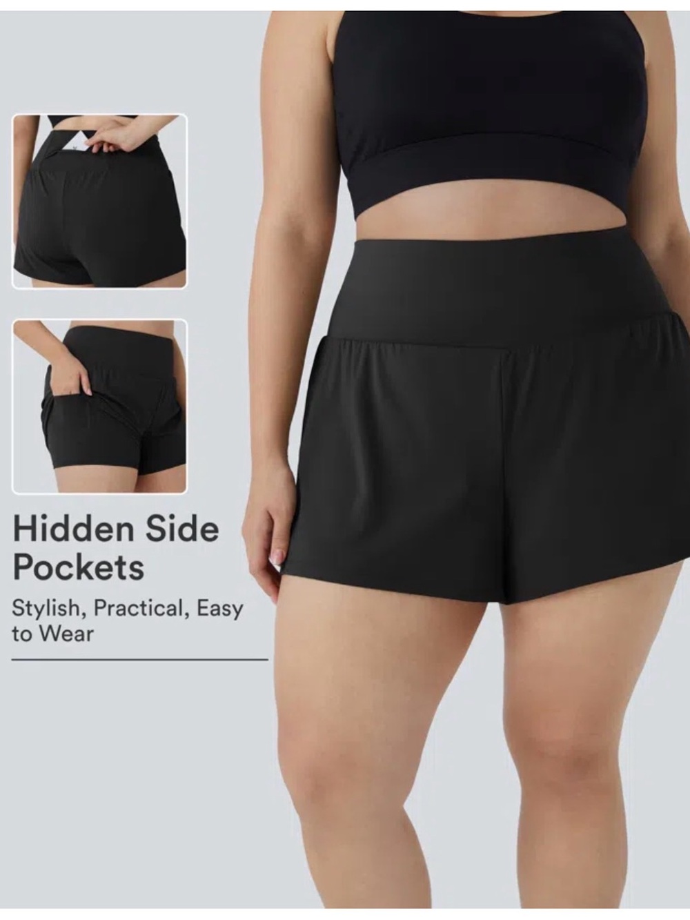 HALARA Black High-Waist Athletic Shorts with Hidden Side Pockets